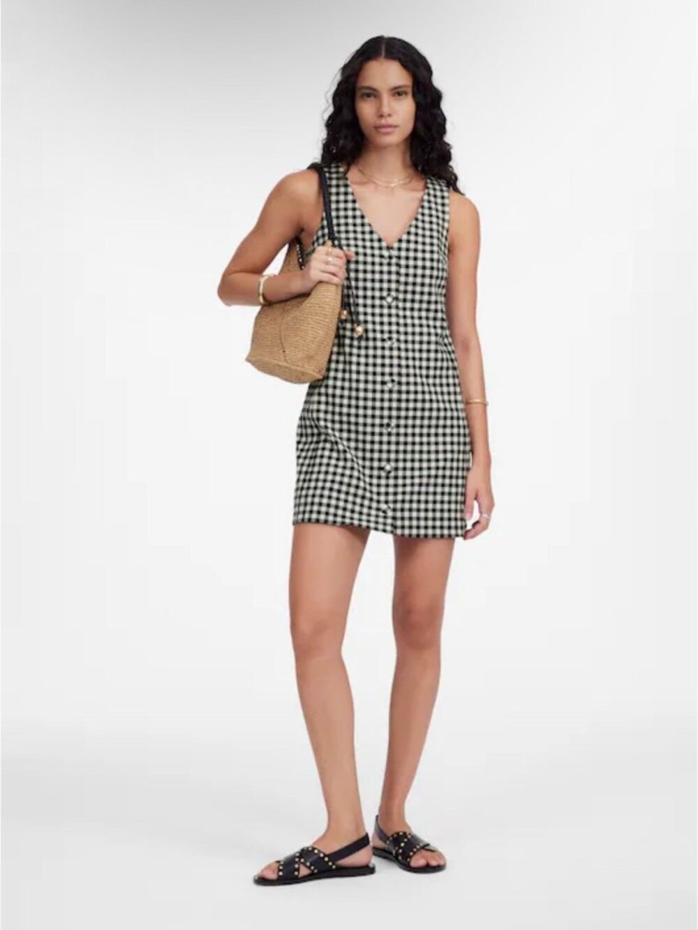 NWT Madewell V-Neck Mini Vest Dress in Gingham Black and White - Size: 8